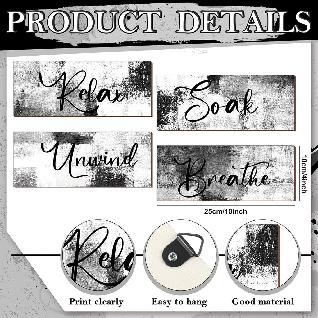 Maitys Bathroom Wall Art - Rustic 4-Piece Set for Soak, Unwind, Relax | 10 x 4 Inch Black & White Decor