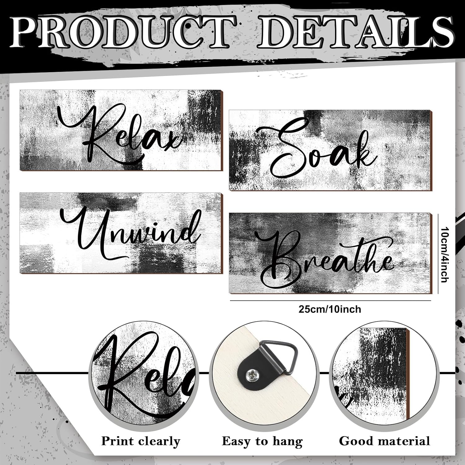 Maitys Bathroom Wall Art - Rustic 4-Piece Set for Soak, Unwind, Relax | 10 x 4 Inch Black & White Decor