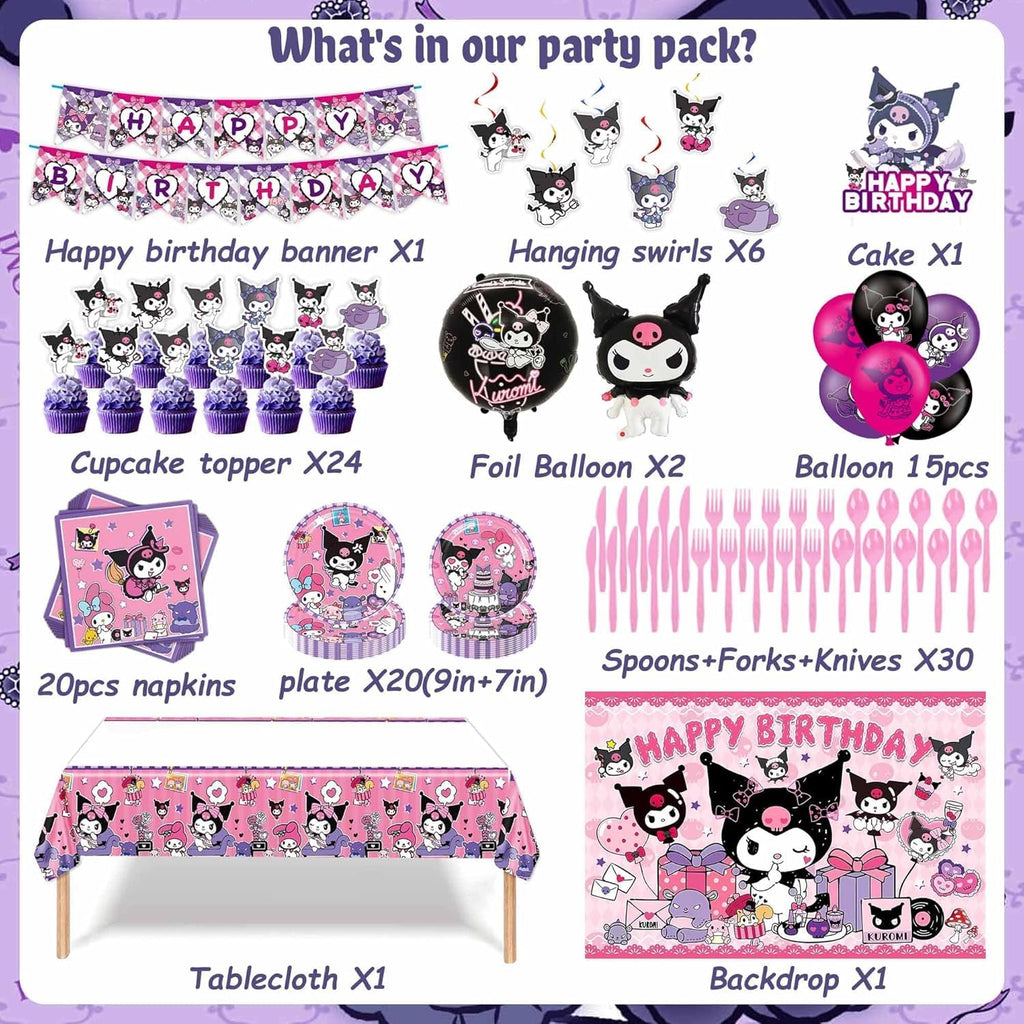 121Pieces Kuromi Birthday Party Decorations, Kids Cute Cartoon Party Supplies Include Happy Birthday Banner, Balloons, Tablecloth, Plates, Cupcake Toppers for Girls,Backdrop,