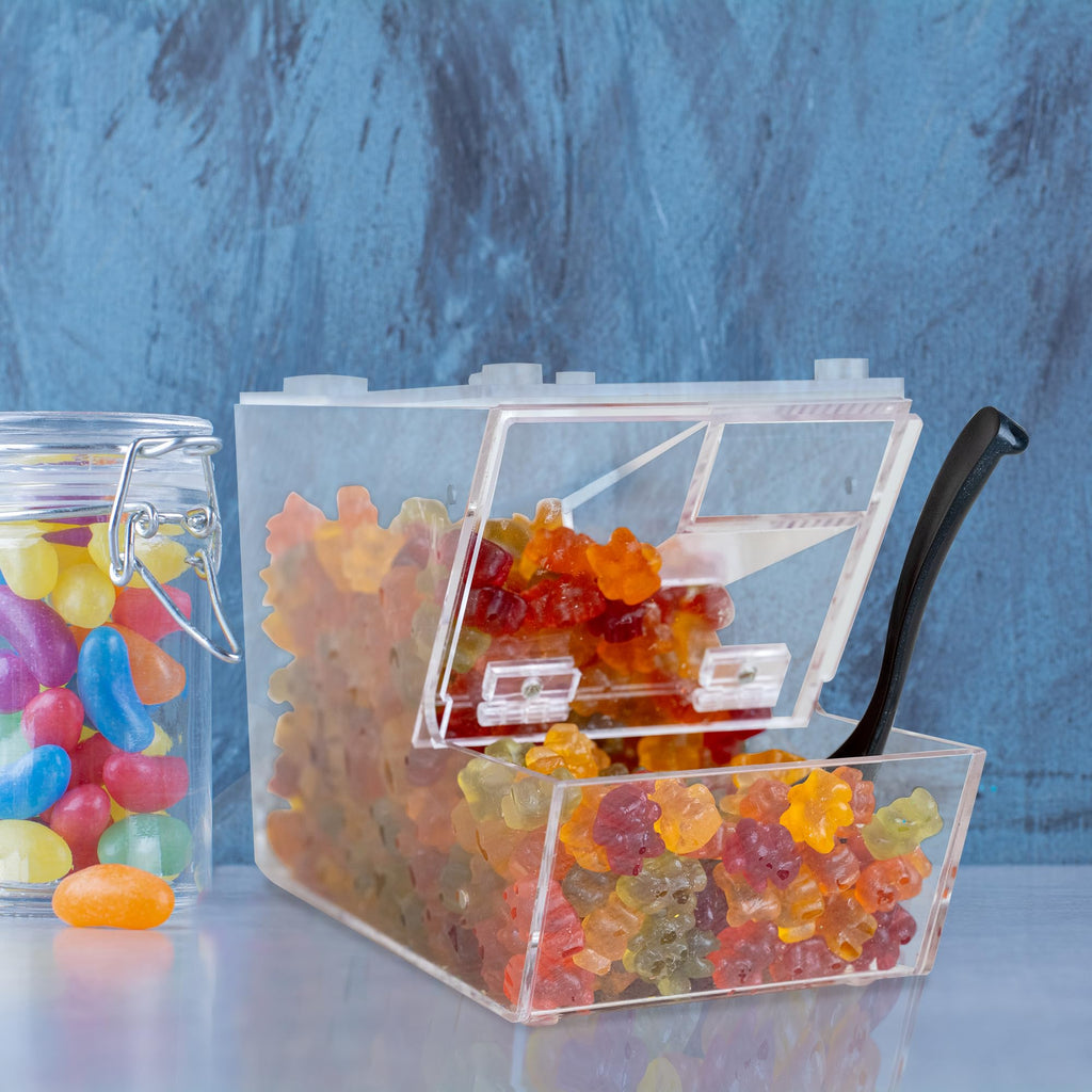 IneVibe Candy Bin Topping Dispenser - Acrylic Bulk Sprinkle Container w/Scoop, Stackable & Magnetic for Multiple Holders on Shelf - Commercial Setting for Cereal, Nuts, Candies & Snack Food Storage