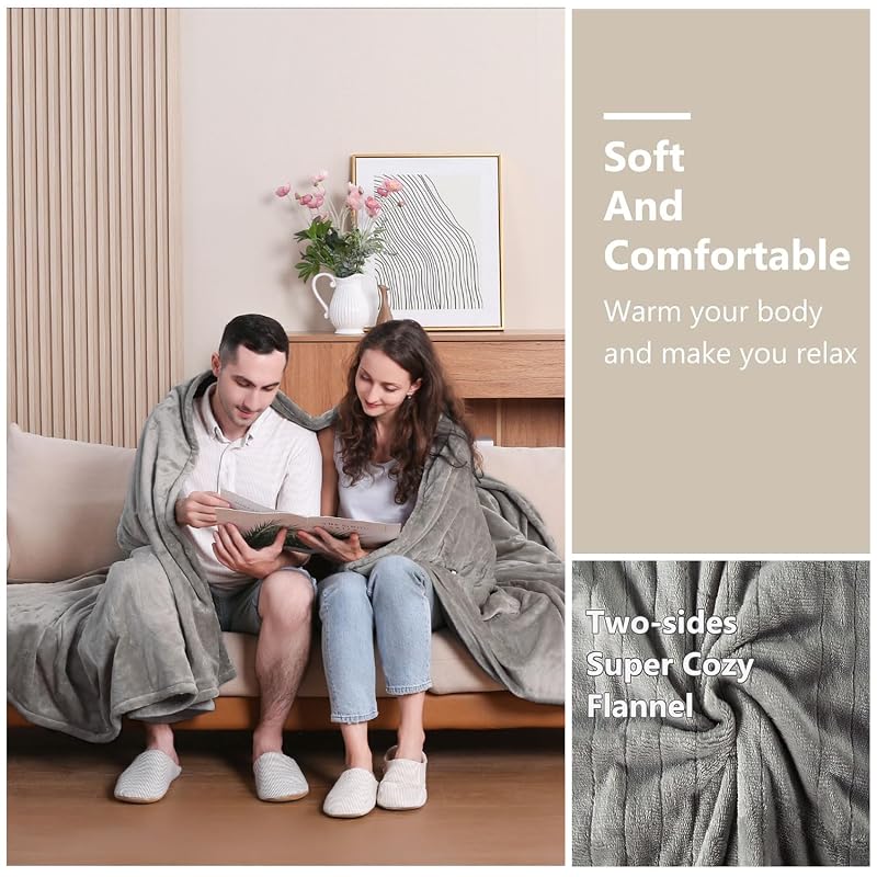 Queen Heated Blanket 84x90 with Dual Controls, Soft Flannel 3 Heat Settings - Camel Grey