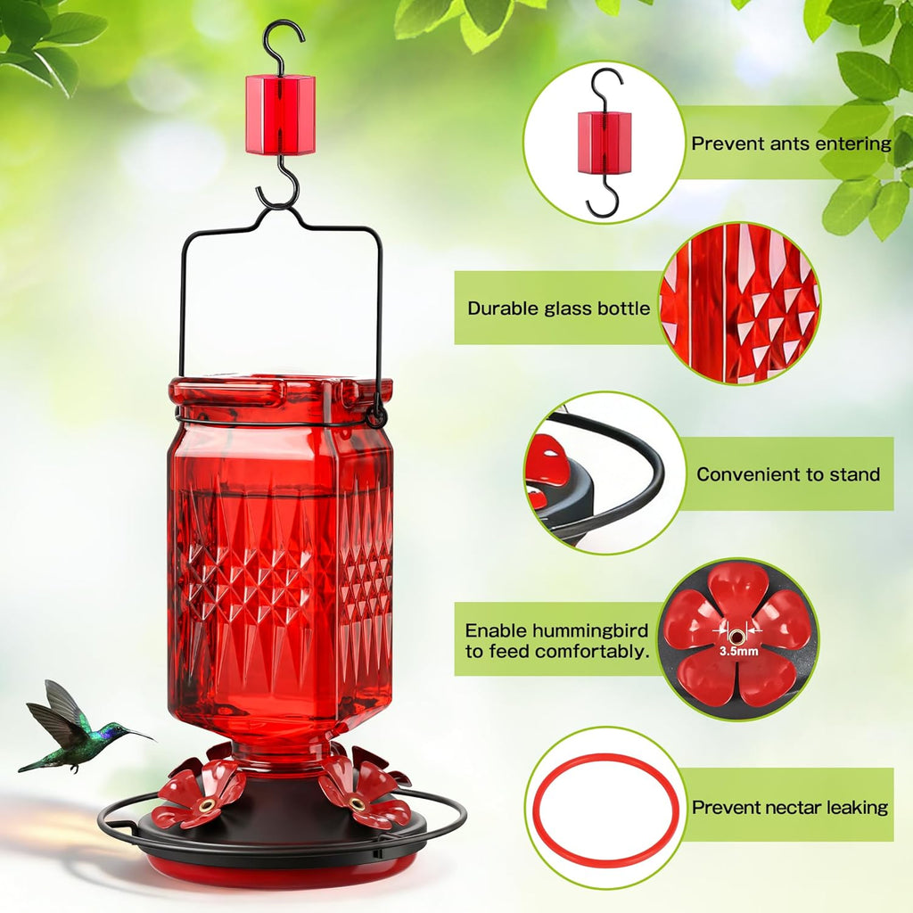 Skiennix 20oz Glass Hummingbird Feeder - Outdoor Hanging Design with Bee Guard & Ant Moat, Red (2 Pack)