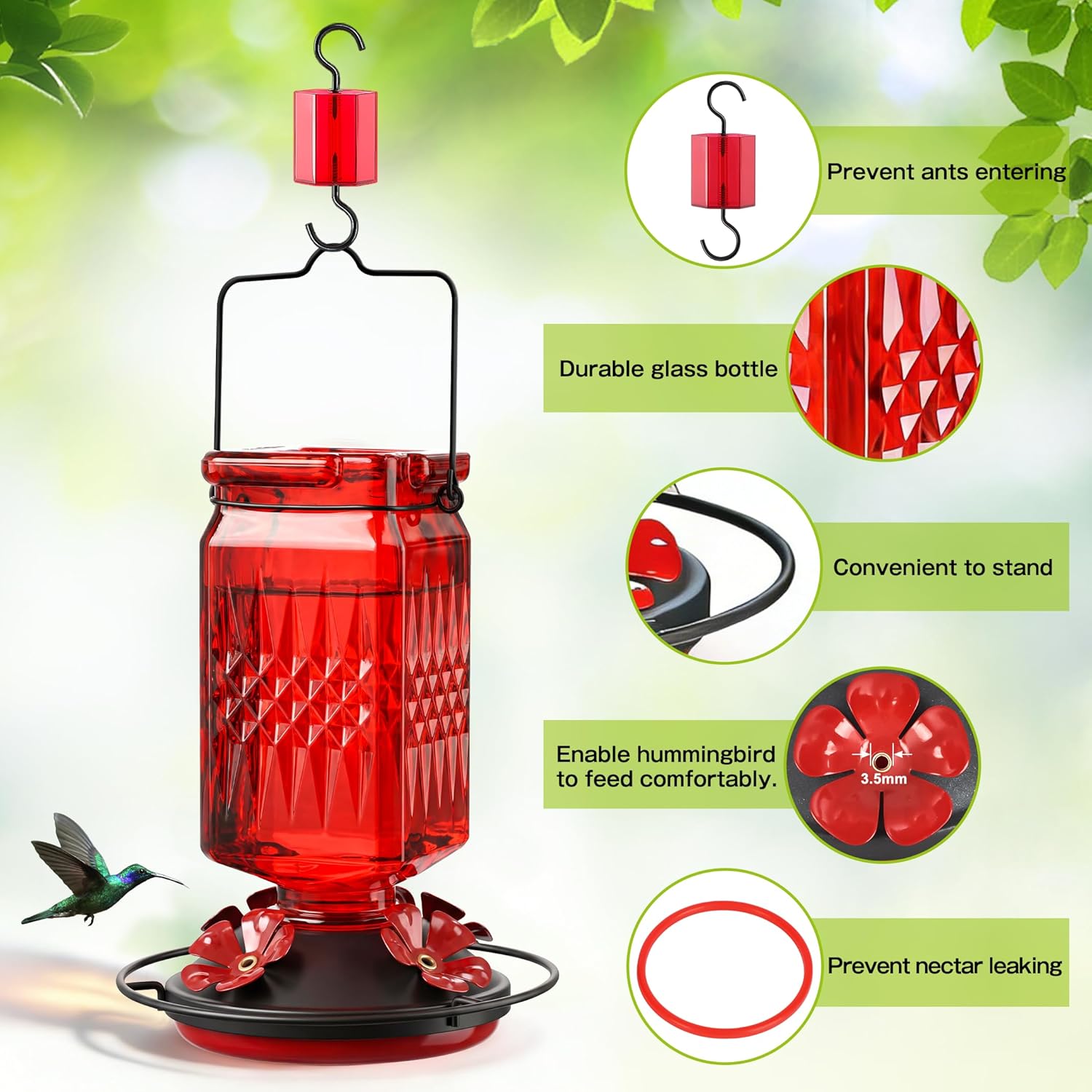 Skiennix 20oz Glass Hummingbird Feeder - Outdoor Hanging Design with Bee Guard & Ant Moat, Red (2 Pack)