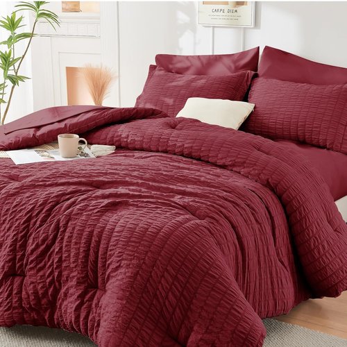 HYMOKEGE King Size Comforter Set - Burgundy Seersucker 7-Piece Luxury Bedding Set for All Seasons