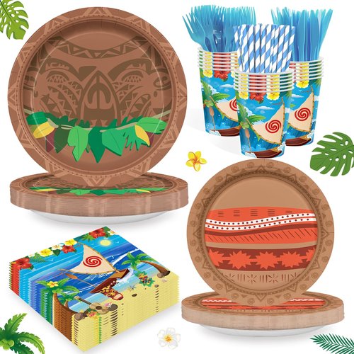 168PCS Ocean Party Supplies for Boys Girls Cartoon Beach Themed Party Decorations Hawaii Tableware with Paper Plates Cups Forks Knives and Straws for 24 Guests
