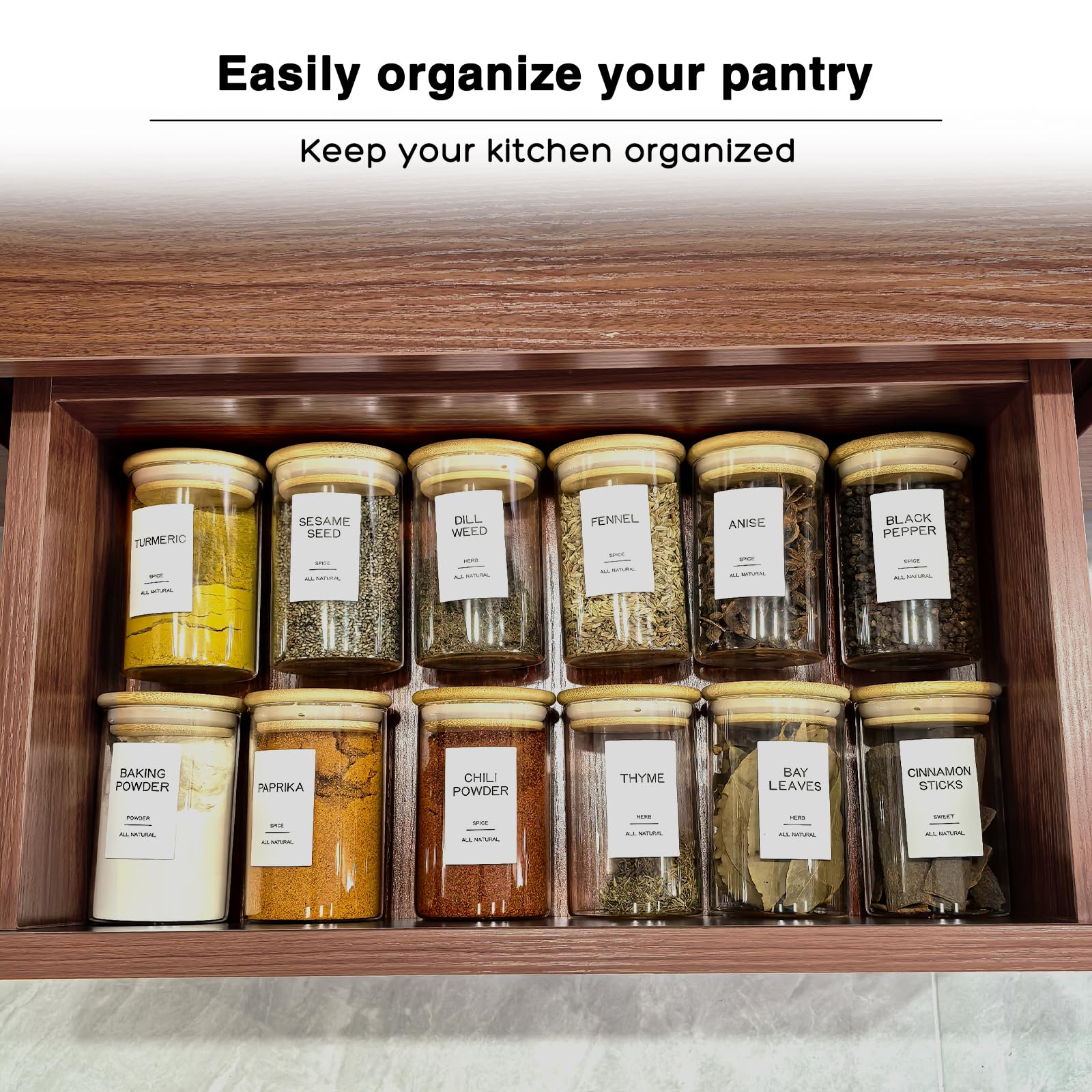 Kuocodall 12 Pcs Glass Spice Jars with Bamboo Airtight Lids & 201 Labels - 8oz Small Empty Food Storage Containers for Kitchen, Seasonings, Herbs, Salt