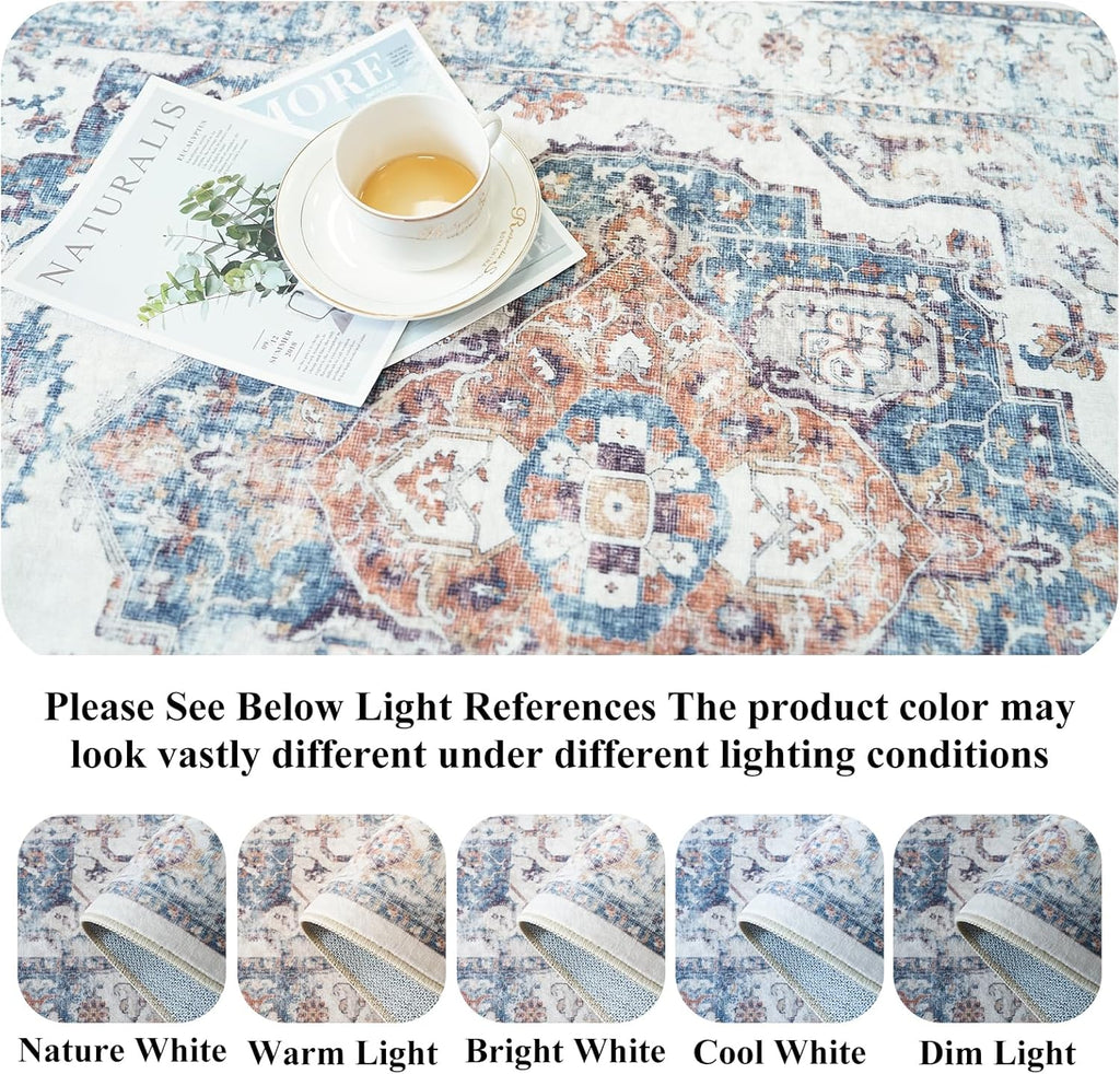 Skiennix Washable 8x10 Living Room Rug - Ultra Soft, Water Resistant Distressed Carpet for Home Decor