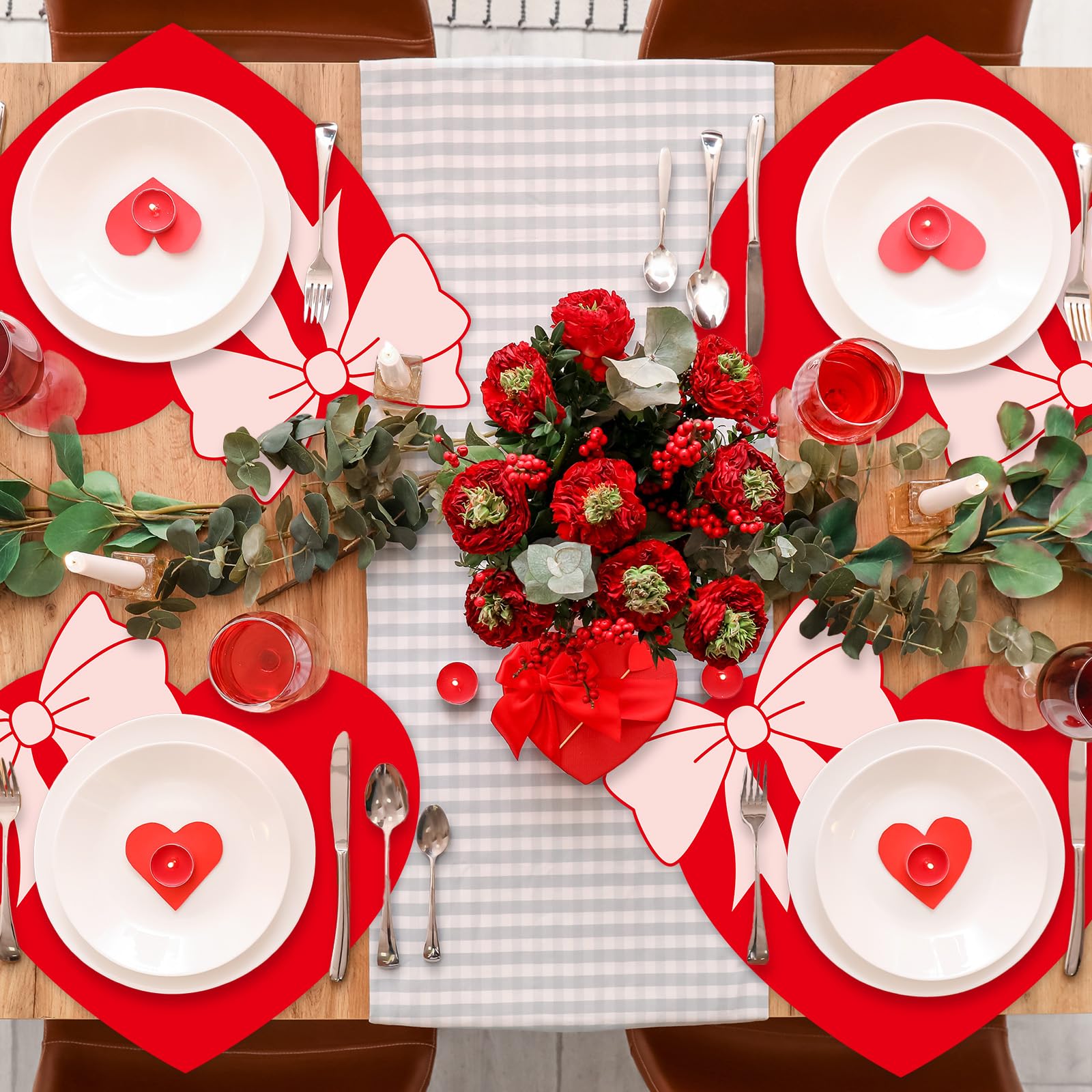 Valentine's Day Placemats Set of 6 Valentines Bow Heart Plastic Table Mats Sweet Red Heart Shaped Place Mats Washable Waterproof Table Decoration for Wedding Anniversary Holiday Party Kitchen Dining