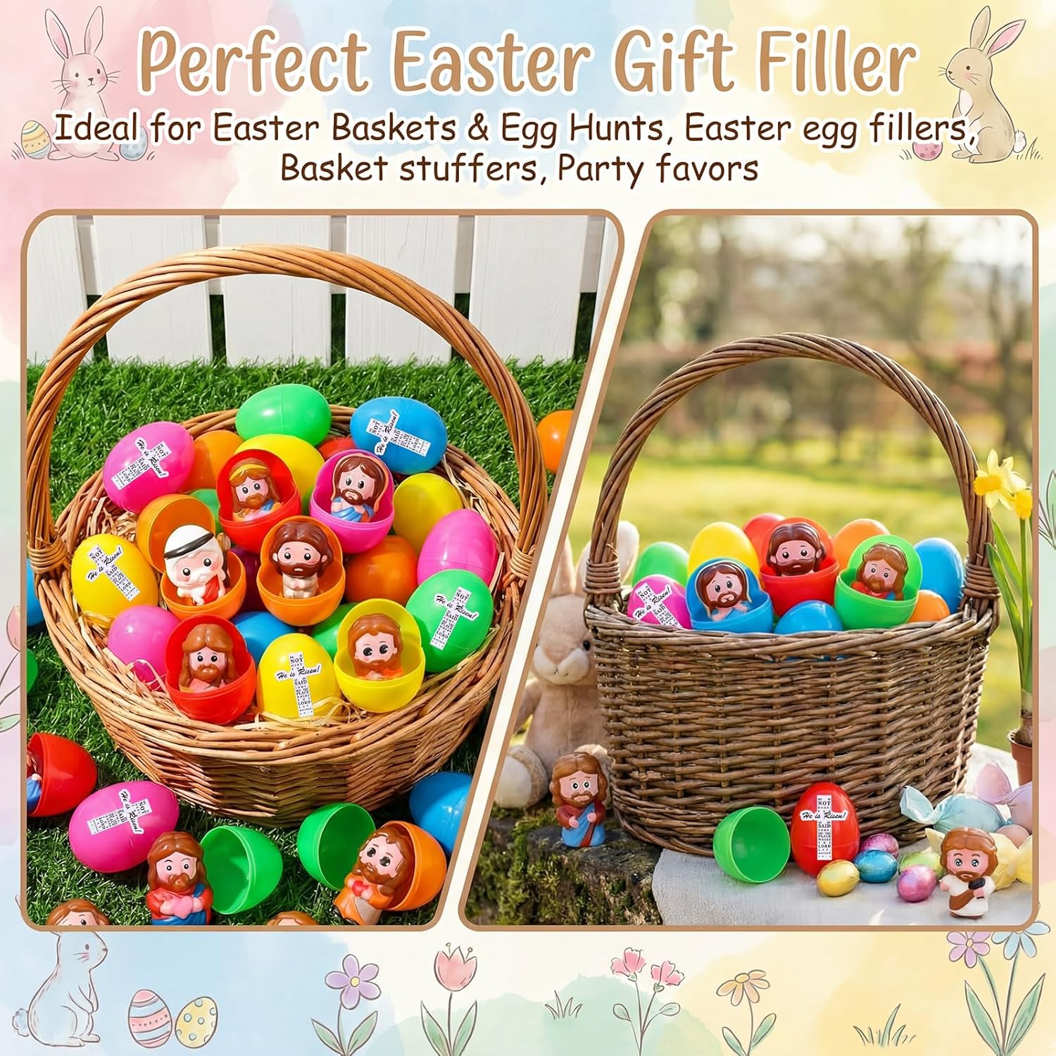 Novabright Easter Egg Set - 36 Colorful Eggs with Jesus Figures & Scripture Stickers for Church Hunts