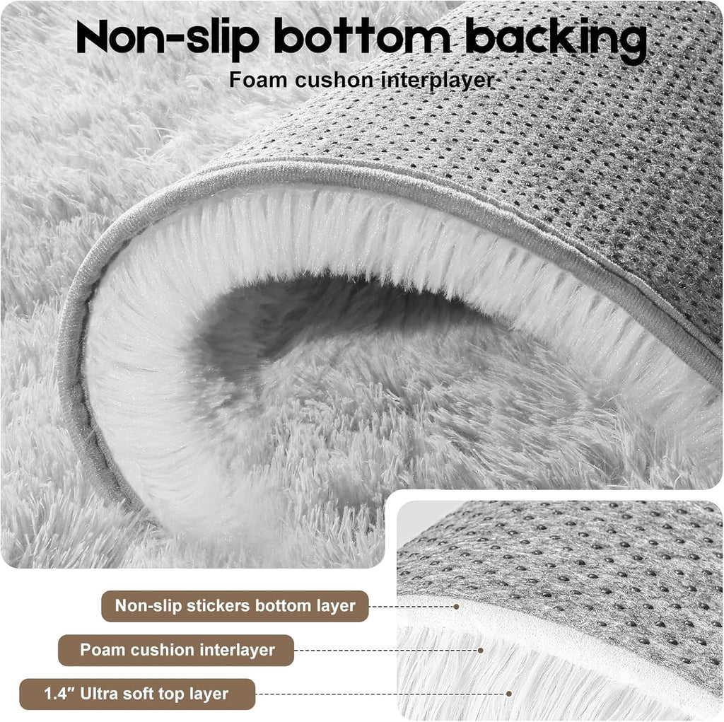 Skiennix Tie-Dyed Grey Area Rug - Soft Fluffy Shag Carpet for Kids' Rooms | 2ft x 3ft with Non-Slip Stickers