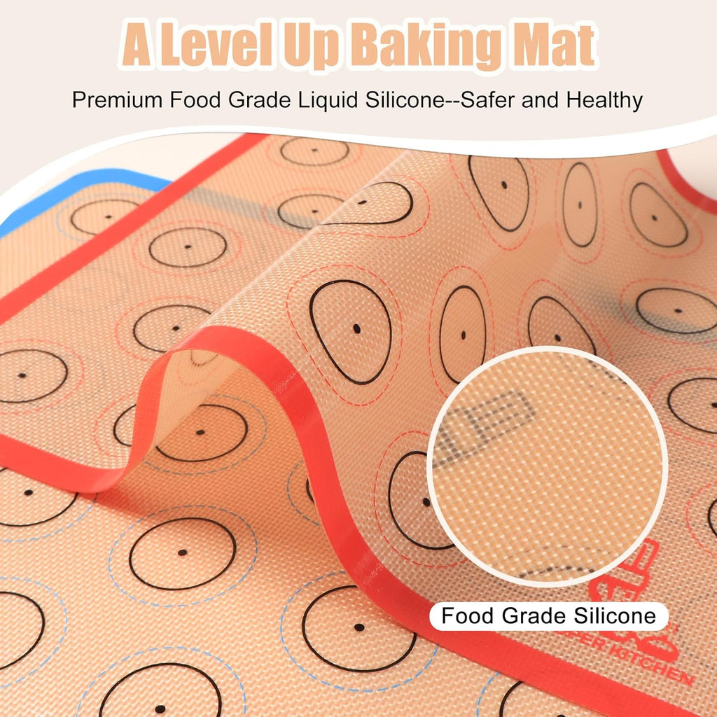 Silicone Baking Mat Macaron - Non-Stick Set of 3 Half & Quarter Sheet Liners | Red, Blue, Gray