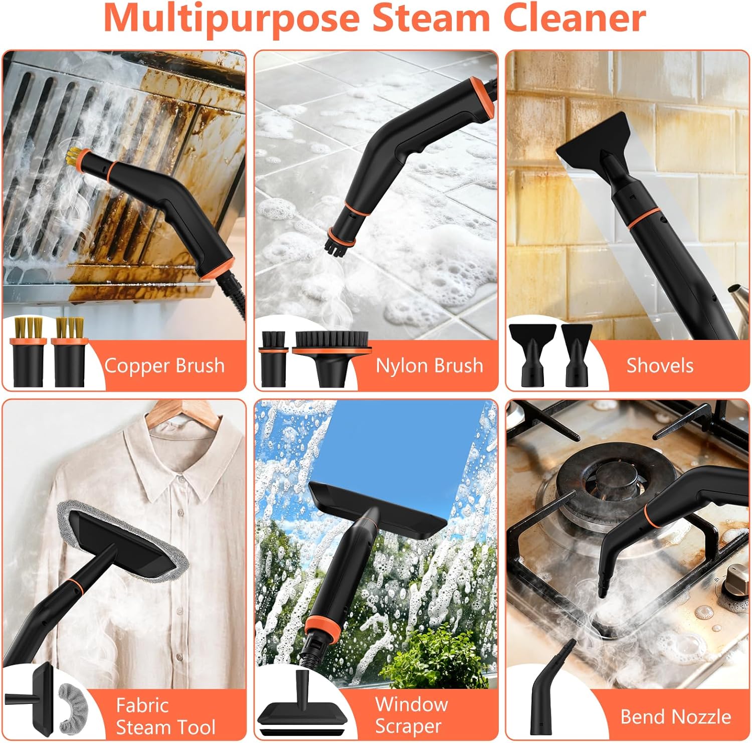 Skiennix Portable Steam Cleaner - 16-Piece Accessory Set | 6-Level Adjustable Heat, Fast 15s Heat-Up, Handheld for Home & Car Detailing - Orange