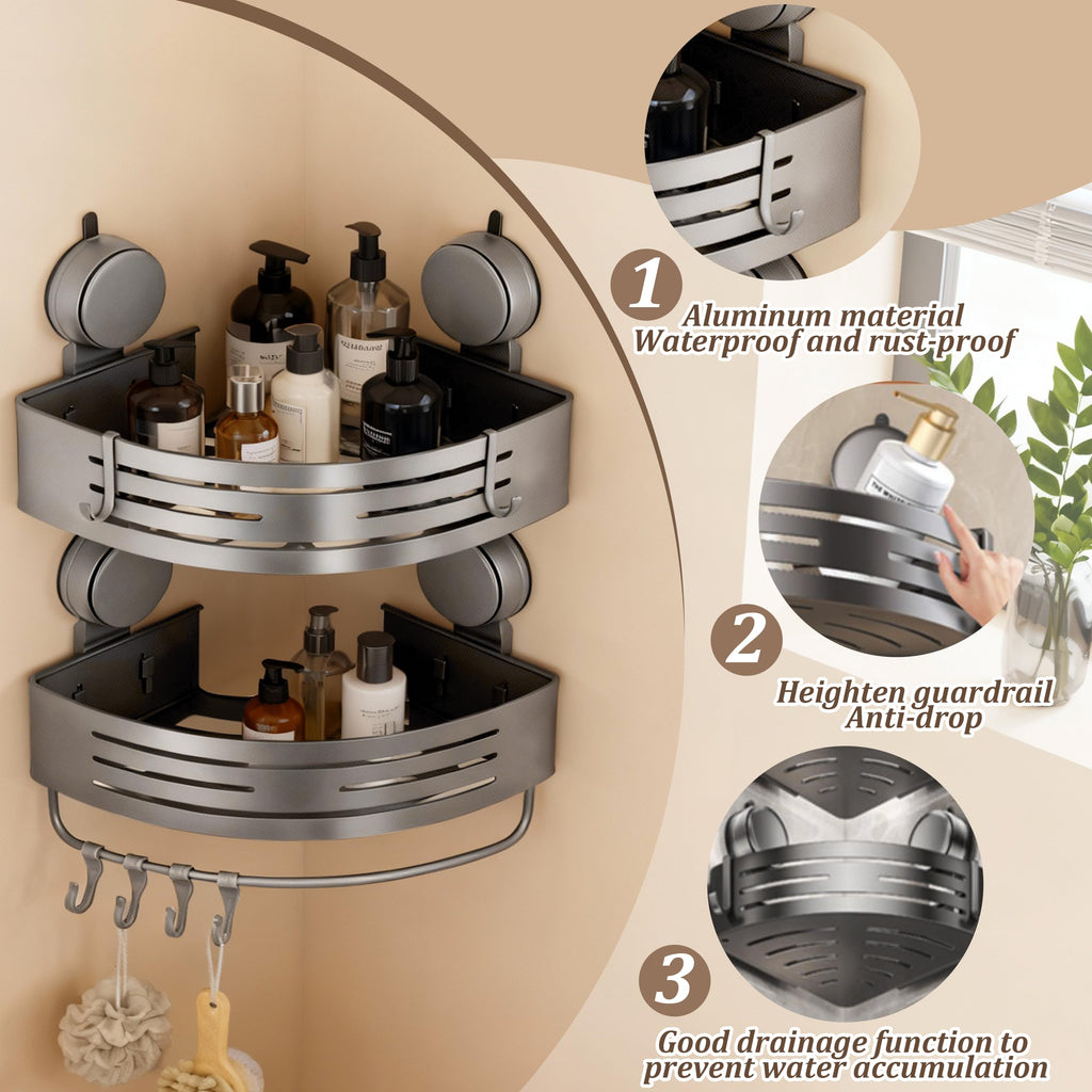 Structoline Corner Shower Caddy Bathroom Organizer,2-Packed Gray No-Drilling Aluminum Suction Cup Corner Shower Shelf with Towel Bar and Hooks,Moder Wall Shower Organizer and Storage Decor