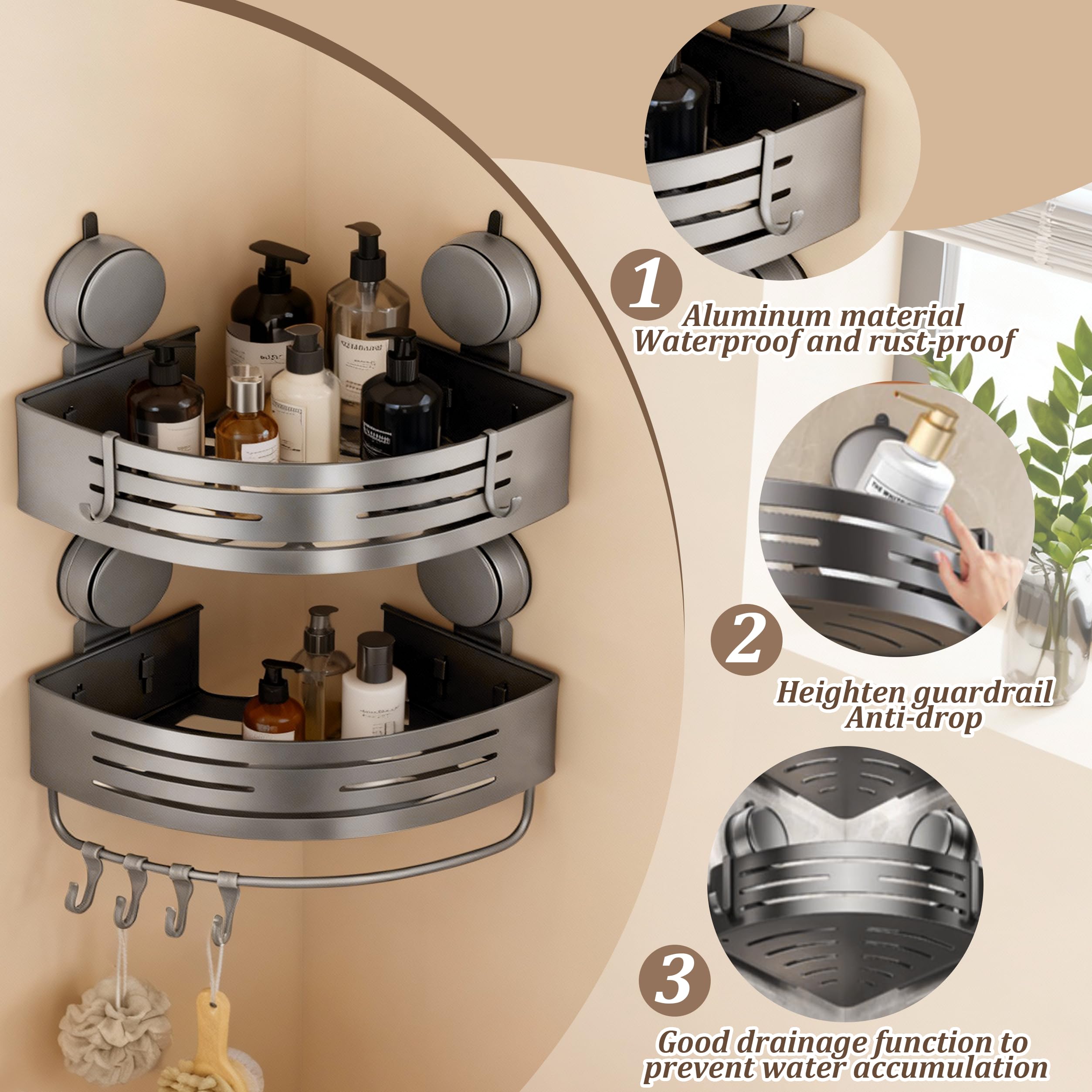 Structoline Corner Shower Caddy Bathroom Organizer,2-Packed Gray No-Drilling Aluminum Suction Cup Corner Shower Shelf with Towel Bar and Hooks,Moder Wall Shower Organizer and Storage Decor