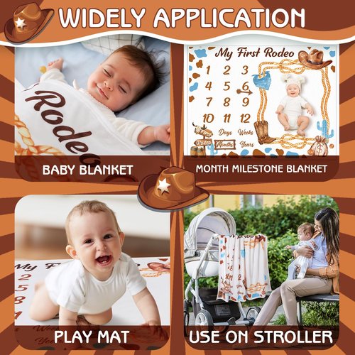 Guiqulai Cowboy Baby Boy Milestone Blanket Western Theme Cow Print Baby Growth Chart Blanket for Boy Newborn My First Rodeo Birthday Party Supplies