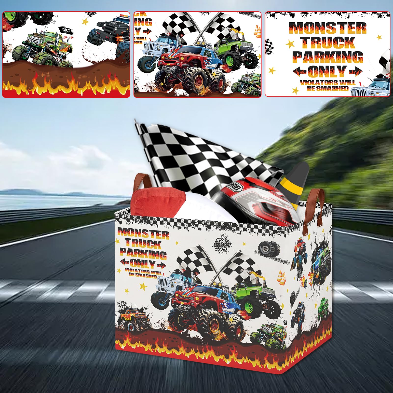 XHWZOF Monster Trucks Storage Basket with Monster Truck Parking Sign,Car Room Decor for Boys ,Kids Laundry Basket Gift Bag Storage Organizer(Monster Trucks-Flag)