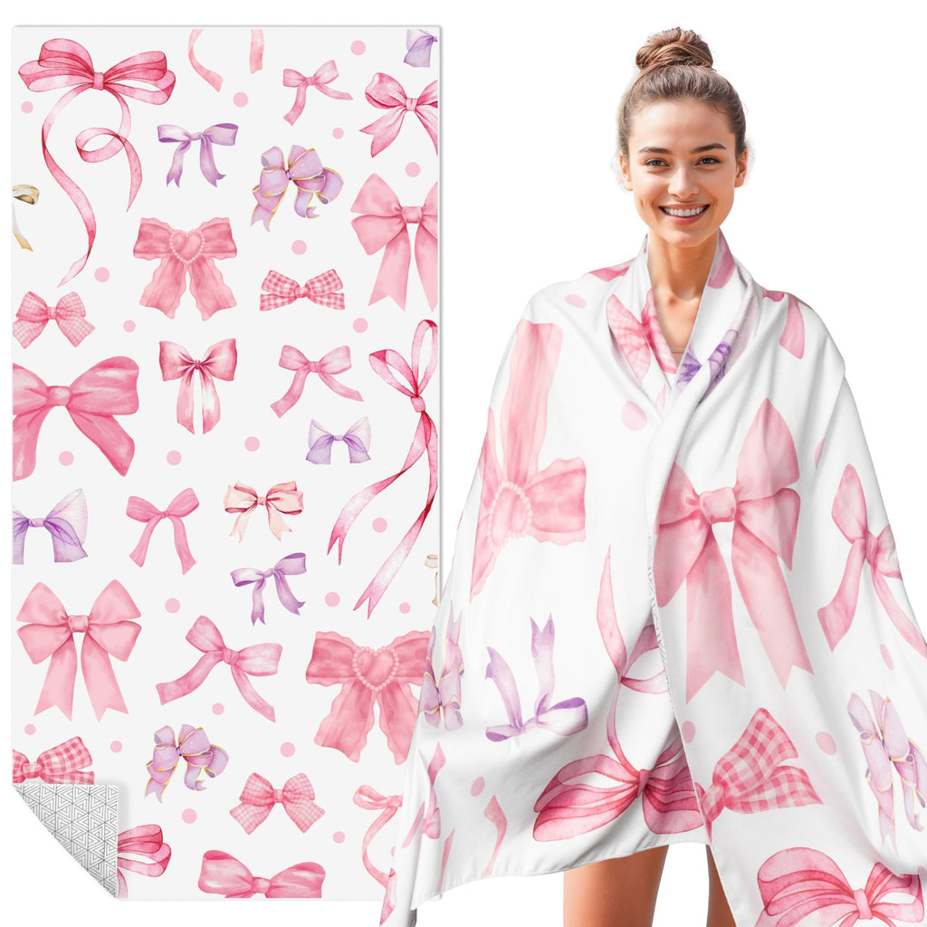Polka Bow Oversized Beach Towel - Double-Sided Thin Microfiber Lightweight Pool Towel 71"x35" Quick Dry Towel Sand Free Blanket for Bath Sport Travel Beach Swimming Camping for Women Girls