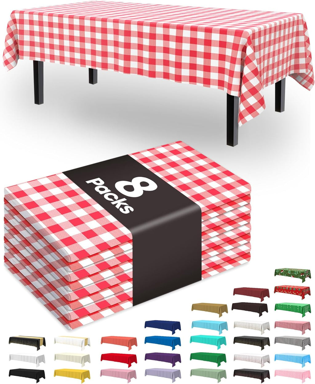 Pureegg Disposable Plastic Tablecloths - 8 Pack, 54 x 108 Inch, Red & White Gingham, Leakproof & Sturdy