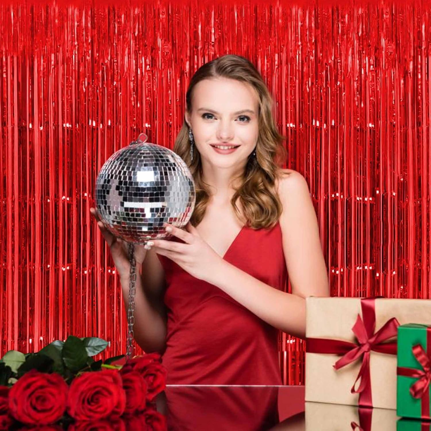Red Foil Fringe Curtains by [Brand Name] - 3 Pack Metallic Streamers for Photo Booth & Party Decor | 3.28 x 8.2 Ft