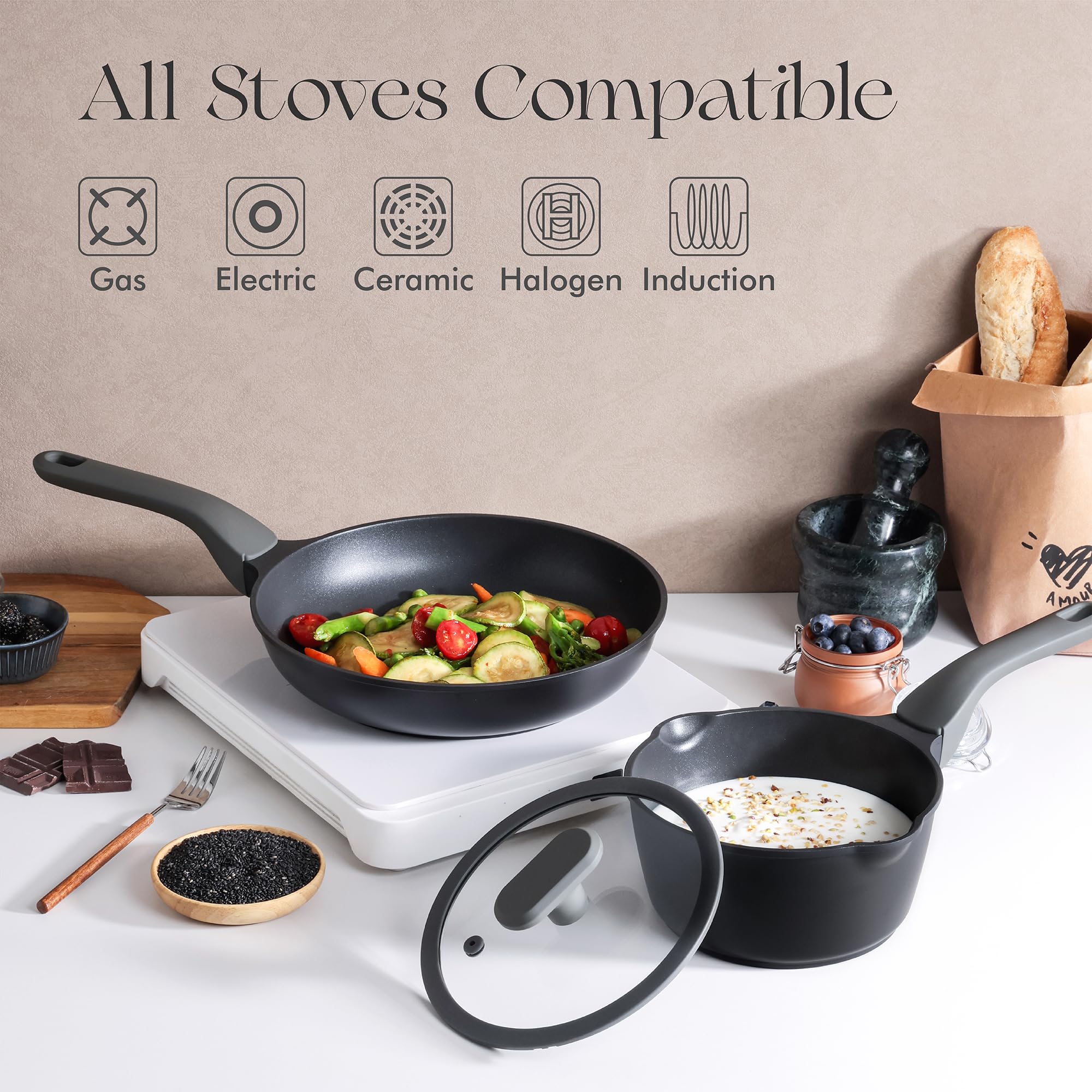 PRICUSIS 5Pcs Nonstick Frying Pan Set, 8+10+12 Inch Induction Compatible Skillet with Stay Cool Handle, Fully Coated, 100% Dishwasher Safe, PFOA Free (Black Sesame)