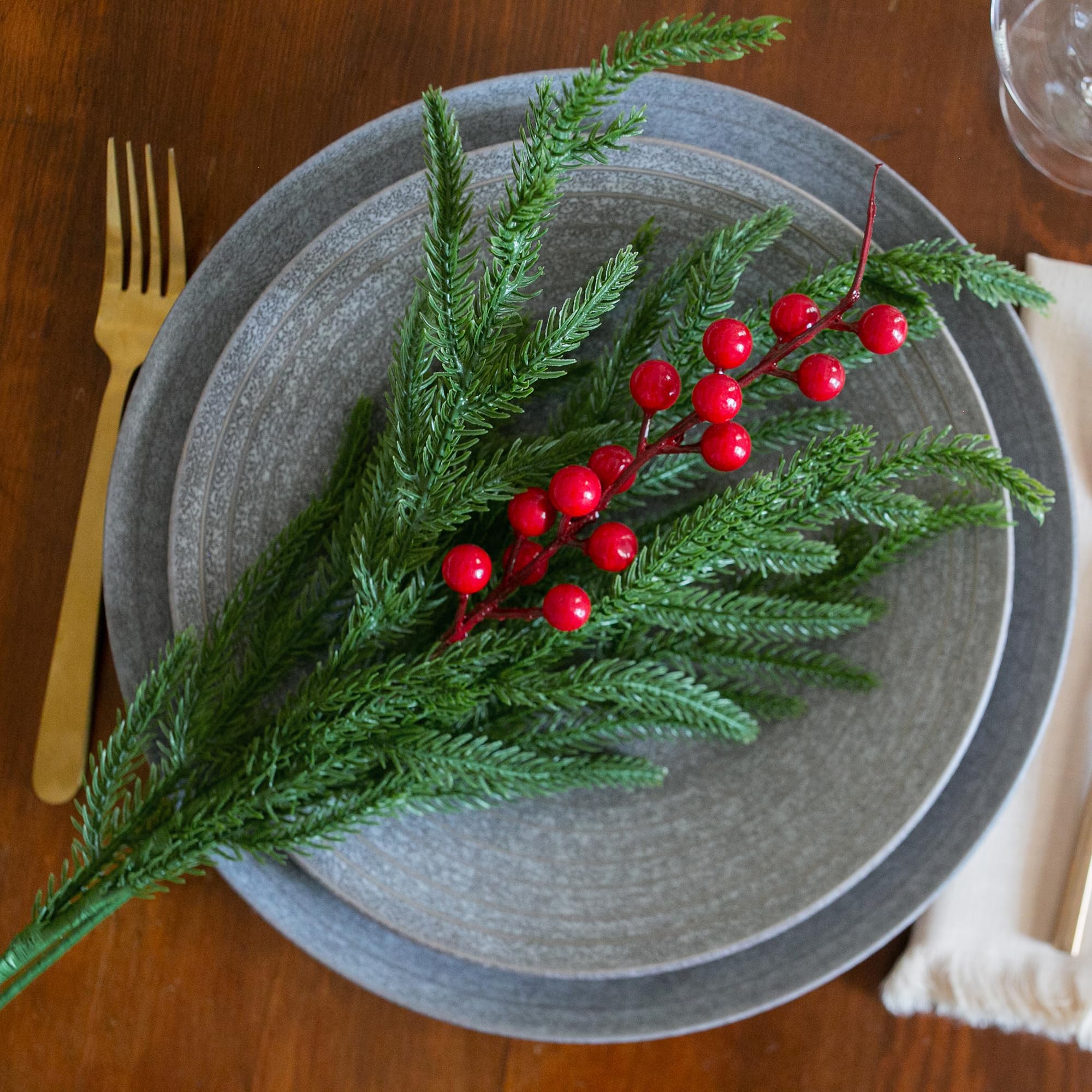 florisso Artificial Faux Christmas Norfolk Pine Stems Branches for Vases,12 Bundles Fake Evergreen Real Touch Greenery Stem with 3 PCS Red Berry Branches for Xmas Holiday Winter Table Indoor Decor
