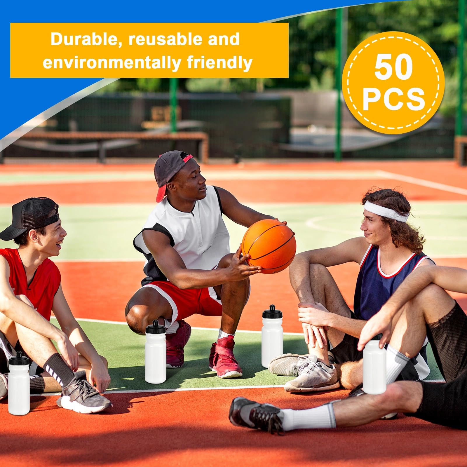 Suclain 50 Pieces Sports Water Bottles 20 oz Water Bottles Squeeze in Bulk Reusable Plastic Water Bottles BPA Free Blank Water Bottles for Major Sporting Events Adults(Black-White)