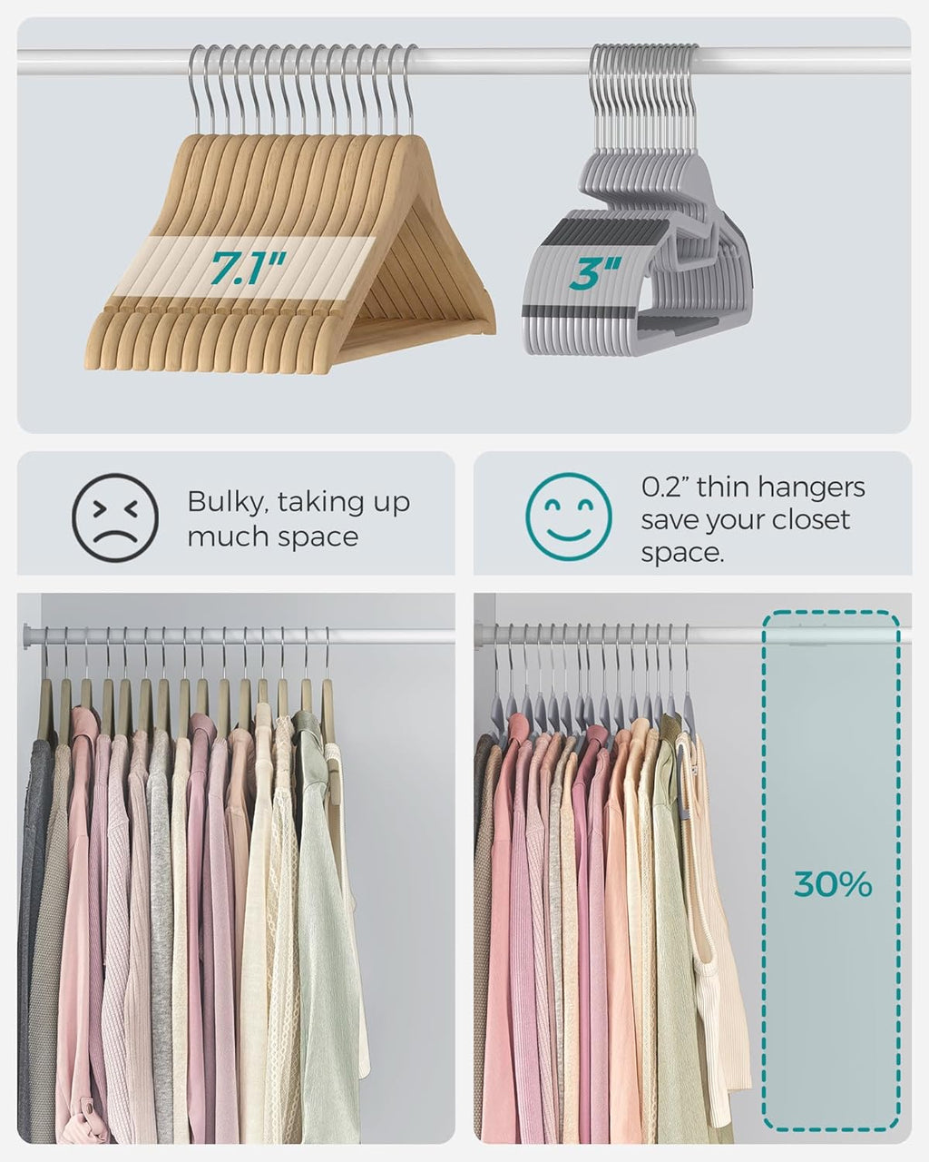 SONGMICS Heavy-Duty Plastic Coat Hangers - Space-Saving Design with 360º Swivel Hook | 50 Pack, Light & Dark Gray