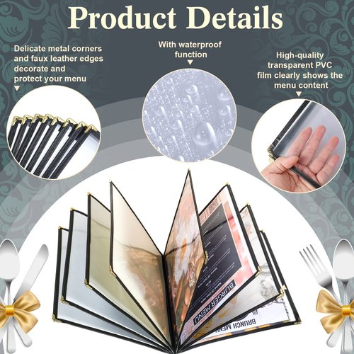 TaoBary 20 Pcs 8.5 x 11 Inch Menu Covers Fits A4 Size Paper Transparent Restaurant Menu Covers with Leatherette Trim and Decorative Metal Corner Bar Cafe Restaurant, Black