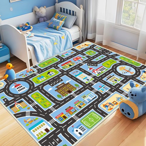 Xuzrdaa Kids Carpet 2.6'x4' Kids Play Rug for Playing, Road Rug for Kids City Life Educational Road Car Carpet for Classroom, Blue Car Carpet for Playoom(Blue, 2.6'x4')