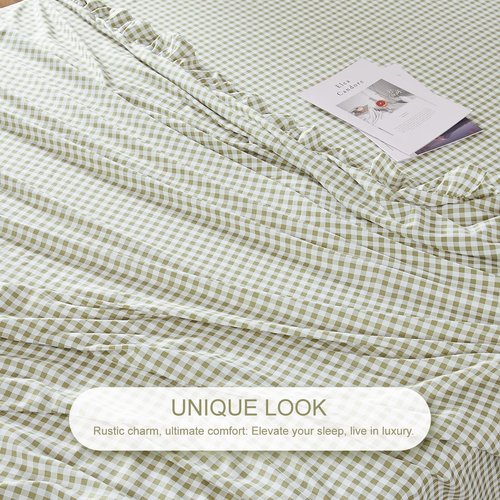 kisswish Gingham Queen Sheet Set, Lightweight Super Soft Brushed Microfiber Plaid Bed Sheets with 16" Deep Pocket, 4 Piece Ruffle Farmhouse Bedroom Decor, Sage Green
