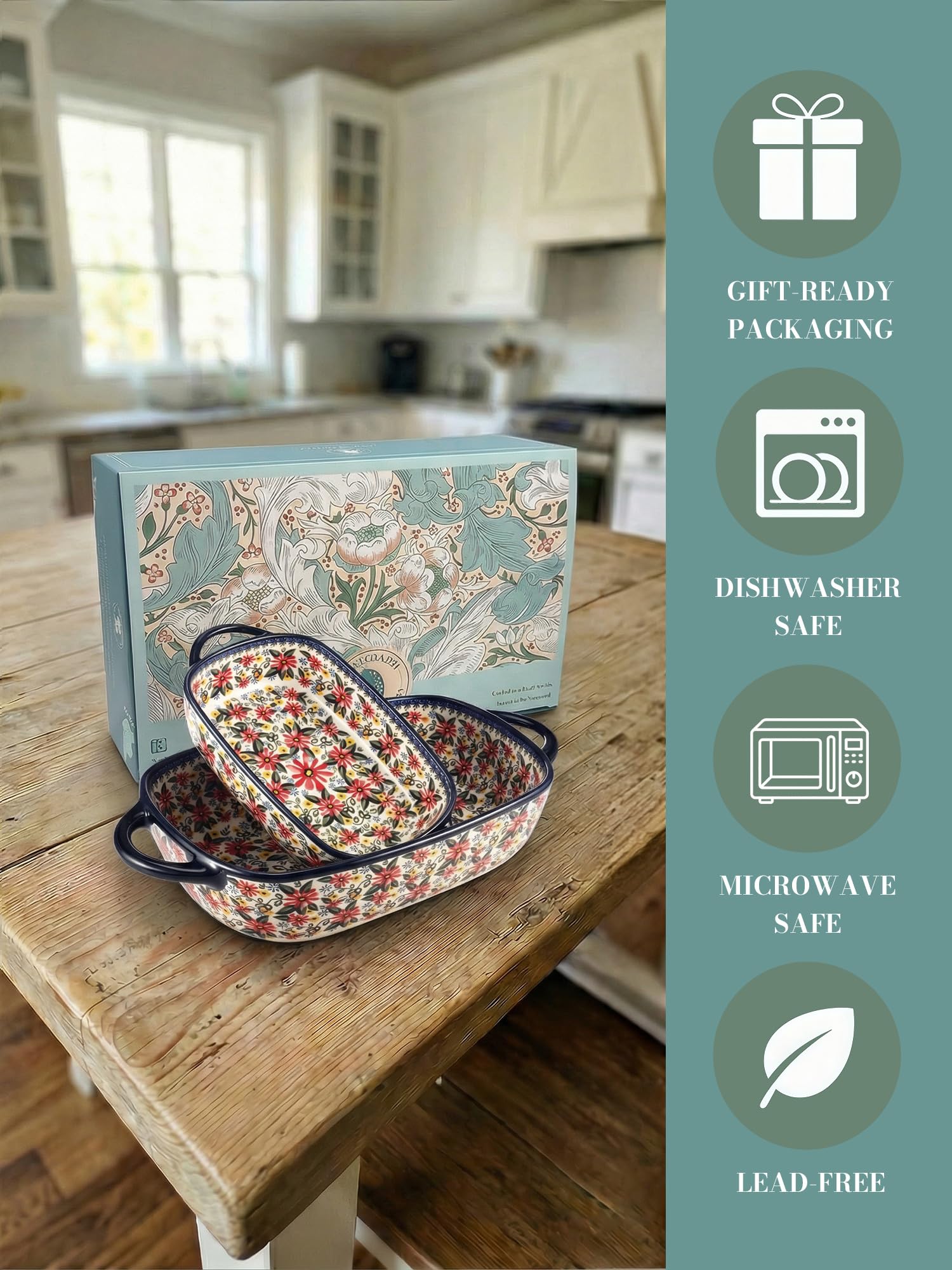 Polish Pottery Style Ceramic Baking Dish Set, 2-Piece Large & Small Casserole Bakers for 2–3 People, Floral Oven-to-Table Bakeware, Microwave & Dishwasher Safe, Gift-Ready with Protective Packaging
