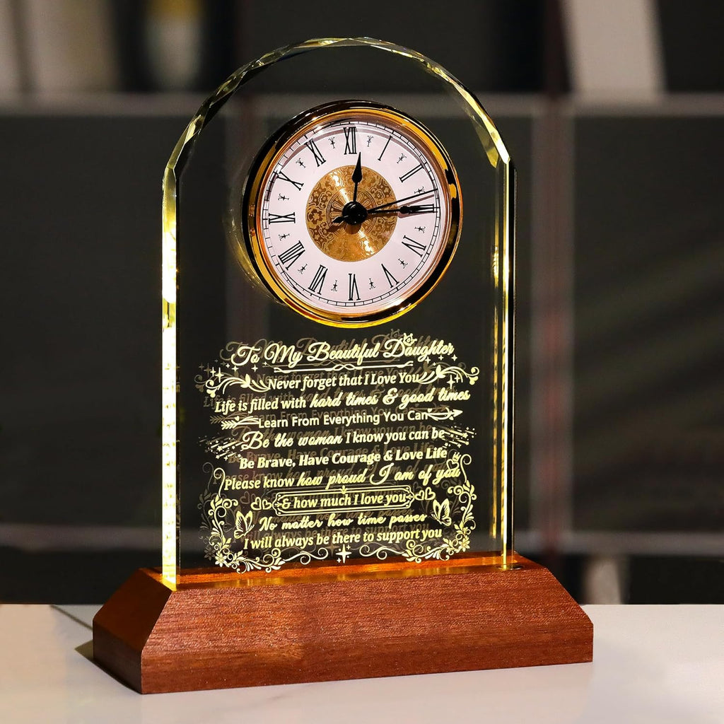 Ornalrist Glass Clock for Daughter - Heartfelt Gift from Mom & Dad with Wooden Base | Warm Light Design
