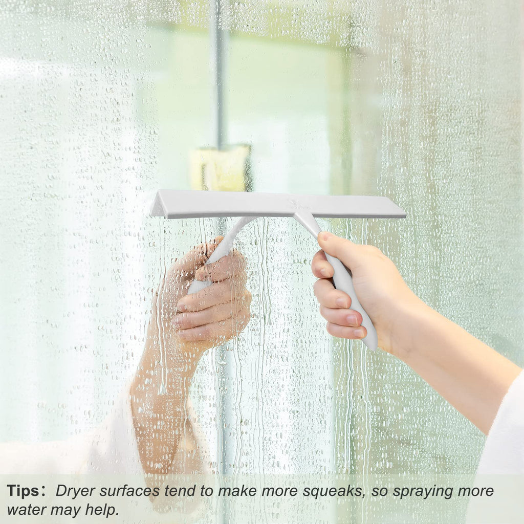 Shower Squeegee for Glass Doors, 11-Inch Silicone Squeegee with Non-Slip Handle and Adhesive Hook for Bathroom, Mirror, Tile, Car Window (White)