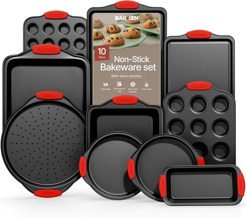 Bakken 10-Piece Baking Set | Deluxe Non-Stick Carbon Steel Bakeware with Red Silicone Handles
