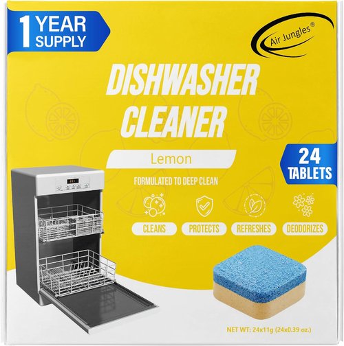 Air Jungles Dishwasher Cleaner Tablets - 24 Count Lemon Scent | Deep Cleaning Descaler for Odor & Hard Water