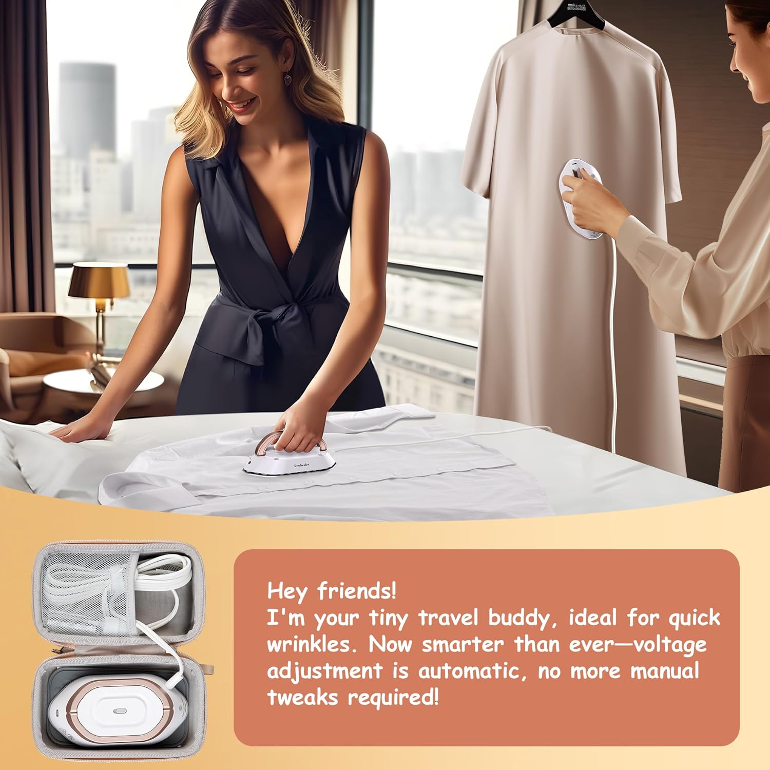 Newbealer Travel Iron - Mini Dry Iron with Global Voltage, 100-240V, 300W, Non-Stick Soleplate (Gold)