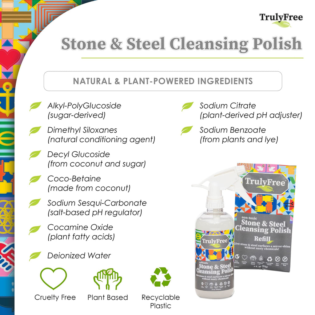 Truly Free Stone & Steel Cleansing Polish Starter Kit - Quartz, Marble, Granite, Stone Countertop, Oven, Stainless Steel Cleaner - 12oz Empty Bottle, 1 Concentrated Fill (3oz)-No Harmful Ingredients