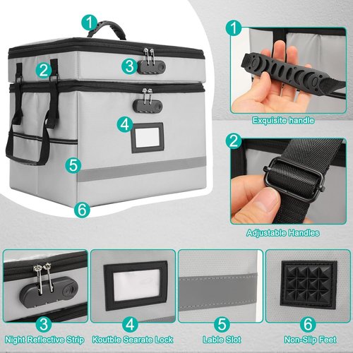 EXLIFBAG Portable Fireproof File Box - 2 Layer Document Organizer with Lock & Handle for Home Office