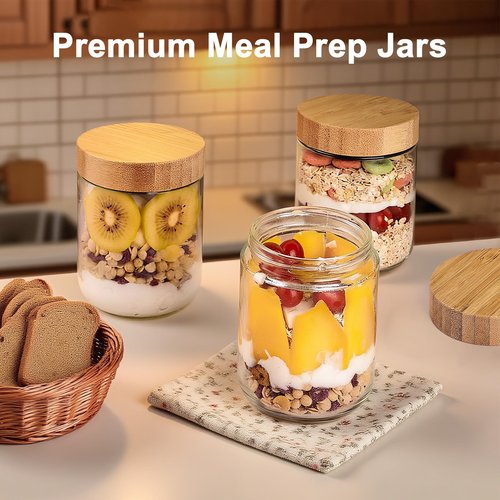 qiaomifeng 2 Pack 16oz Glass Jars with Bamboo Lids, Overnight Oats Containers with Airtight Lids, Storage Containers Wide Mouth Mason jars for Salad,Yogurt, Sugar, Snacks, Spices