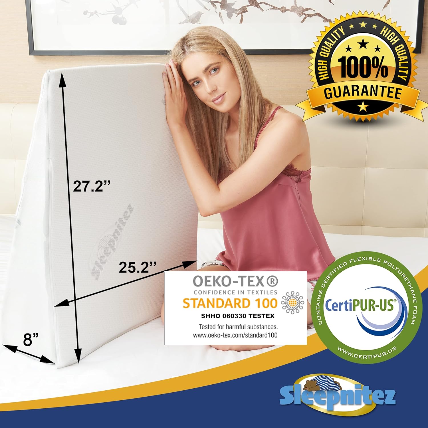 Sleepnitez Bed Wedge Pillow - Memory Foam Design for Acid Reflux, Snoring Relief & Comfort | 8" Size with 3.25" Top Layer