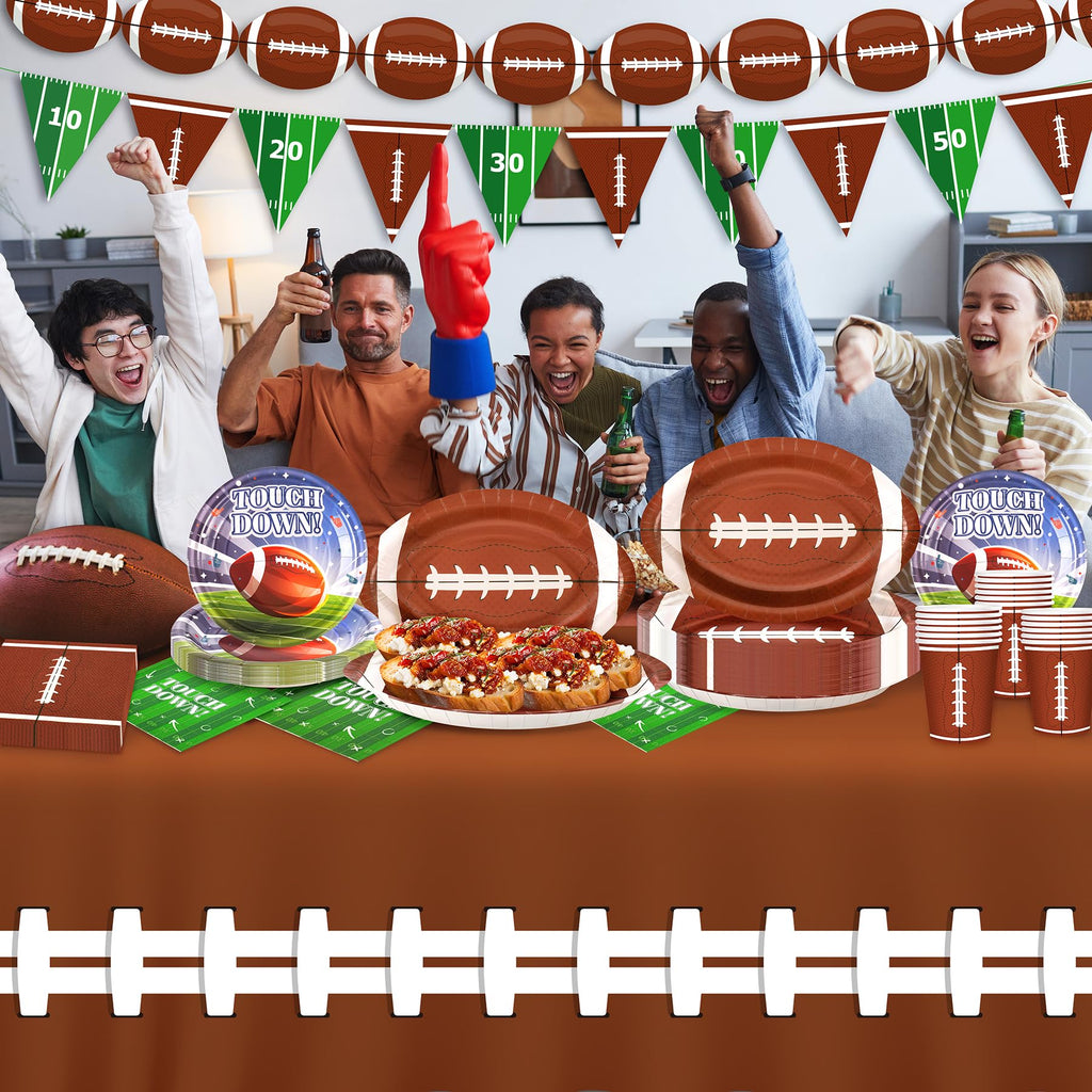 99PCS Football Party Tableware Supplies,Set of 24 Football Plates Napkins Cups,11.8in Football Shaped Disposable Paper Plates,Banner and Touchdown Tablecloth for Birthday Gameday Tailgate Decoration