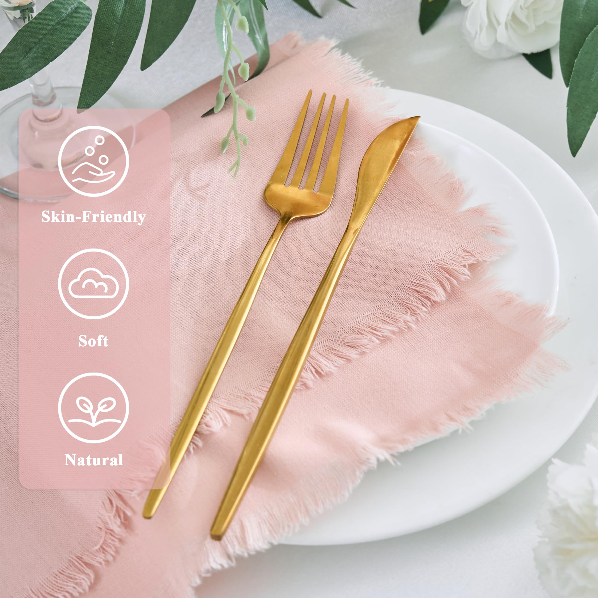 Xiomot Handmade Cotton Linen Napkins Cloth with Fringes Set of 4 17"x17" Dusty Pink Boho Dinner Table Napkins Bulk for Wedding Party Bridal Baby Shower Decoration