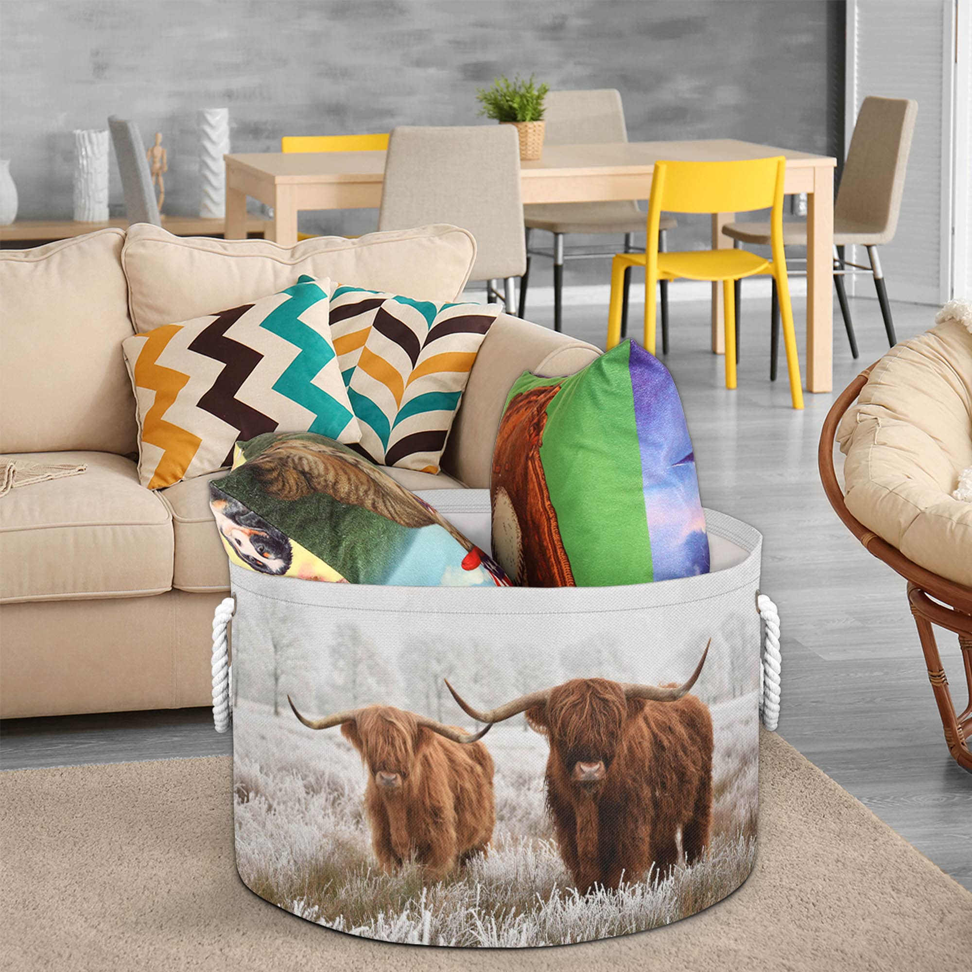 PAYOHTO Scottish Highland Cow Laundry Hamper Basket with Handles,Cotton Rope Woven Storage Bin for Clothes,Nursery Hamper,Toy Box,Clothe Socks Blanket Storage Organizer,Large Capacity 20Dx13.9H Inches