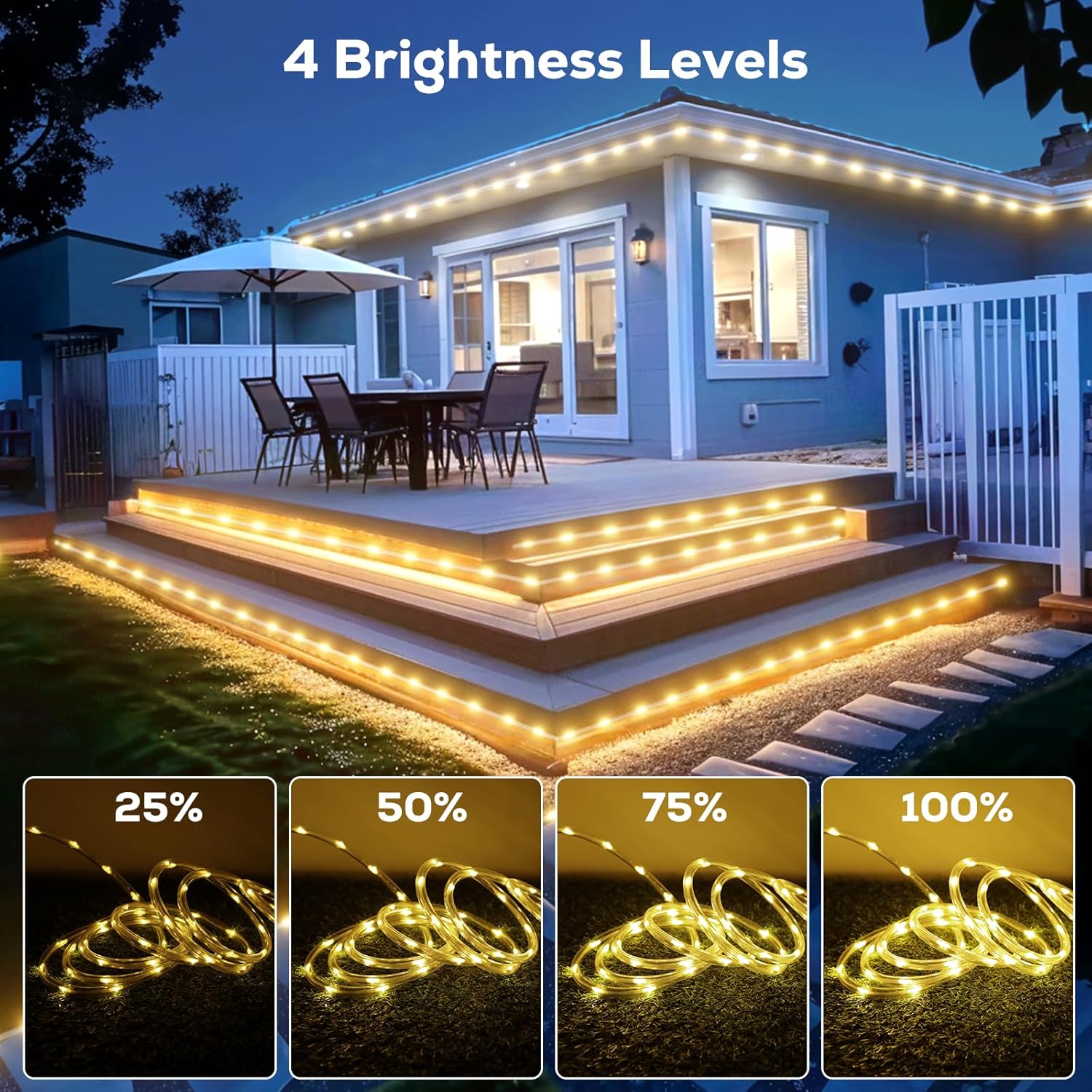 Skiennix 100FT LED Rope Lights - Waterproof Outdoor Lighting with Remote, 8 Modes & 4 Brightness Levels | Warm White for Garden & Patio Decor