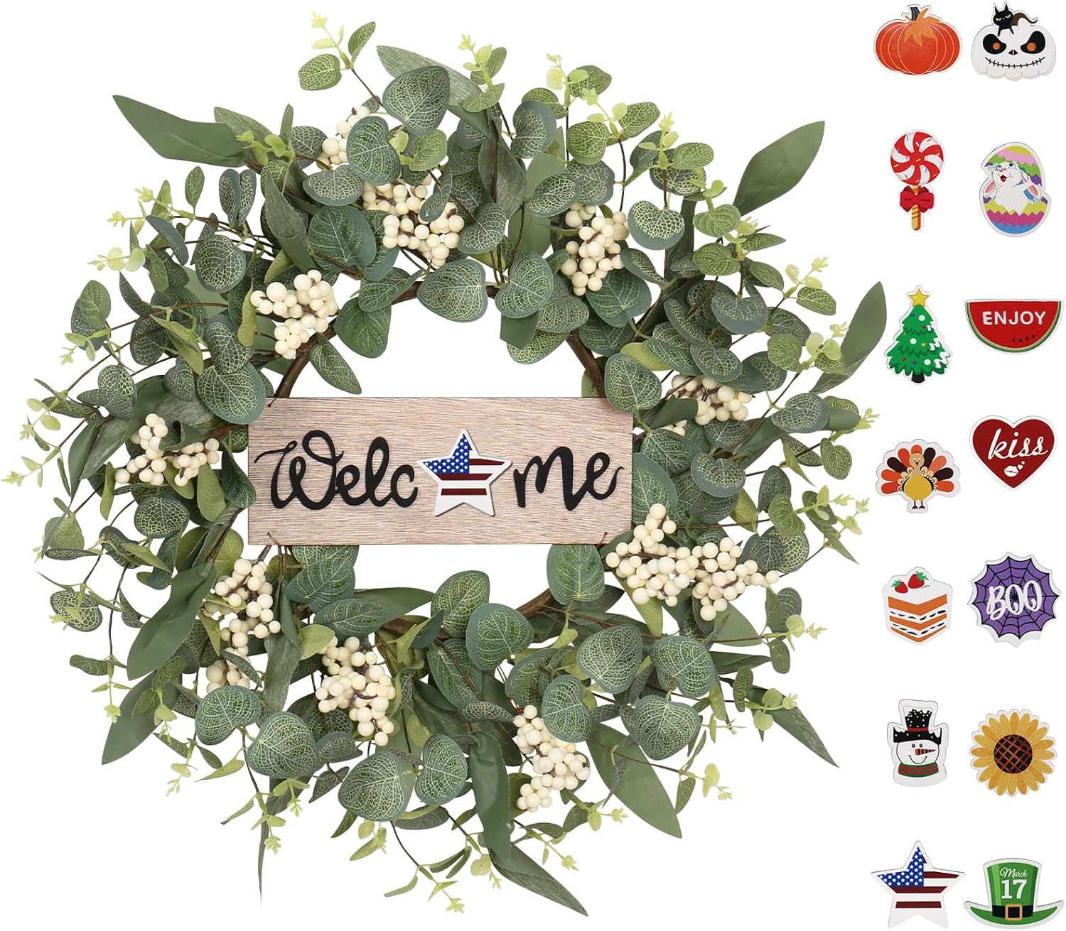 **SY Super Bang 20-Inch Artificial Eucalyptus Wreath - Interchangeable Seasonal Decor for Front Door**