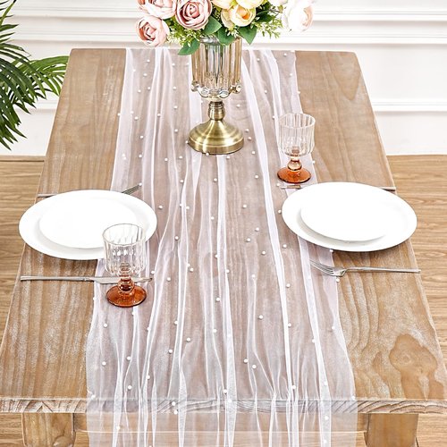 Pearl Gauze Table Runner Pack of 12 Tulle Fabric Lace Boho Sheer Dinner Runners 10ft Table Runners for Bridal Shower Birthday Party Wedding Arch Veil Dessert Desk Decorations