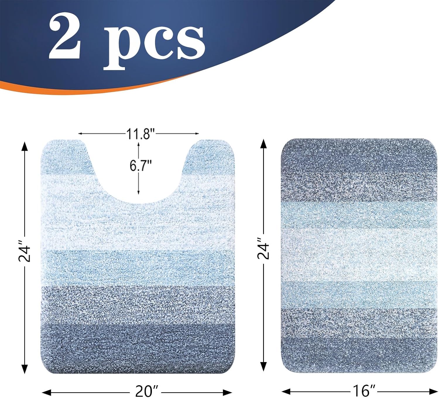 OLANLY Bathroom Rug Set - Soft Absorbent Microfiber Mats with Non-Slip Design | 2-Piece Blue Set (24"x16" & 24"x20")