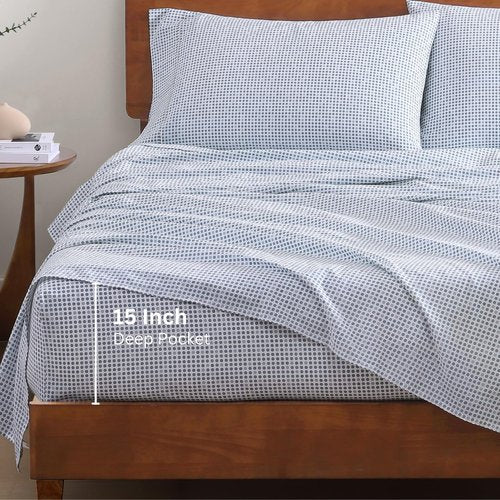 **LANE LINEN 100% Organic Cotton Twin XL Sheets - Fade Resistant, Temperature Regulating, Polka Dot Blue**