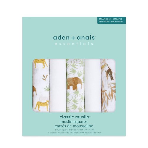 aden + anais Essentials Musy Squares 5 Pack - Soft, Absorbent 100% Cotton Muslin Baby Cloths (23.5"x23.5"), Perfect for Spills, Drool & On-The-Go Cleanups, A Diaper Bag Essential, Tanzania