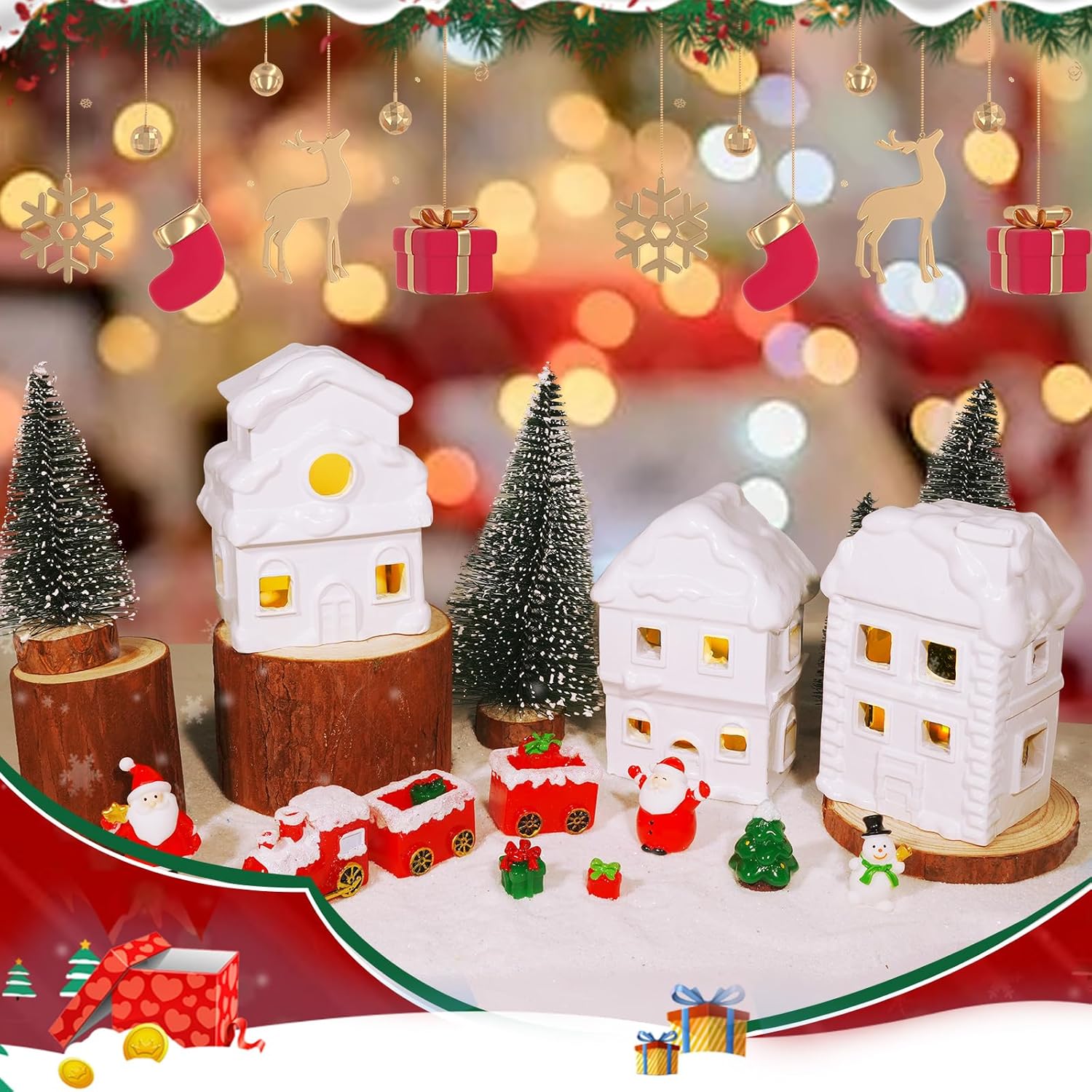 Wowagoga Ceramic Christmas Village Set - 21 Pcs White Resin Houses | 4.3 Inch Light-Up Decor Figurines